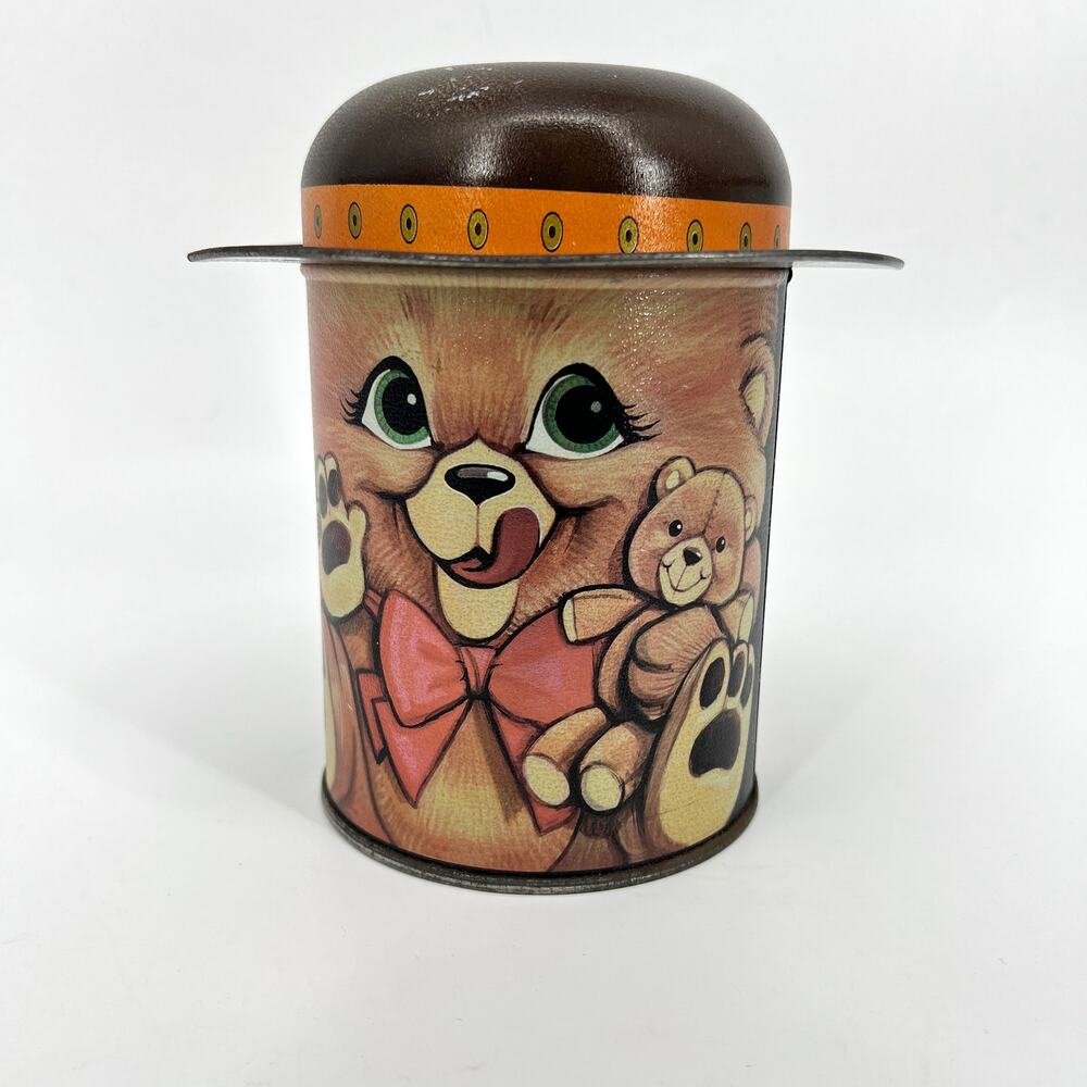 Vintage Teddy Bear Wearing Hat Tin with Lid 6" Tall